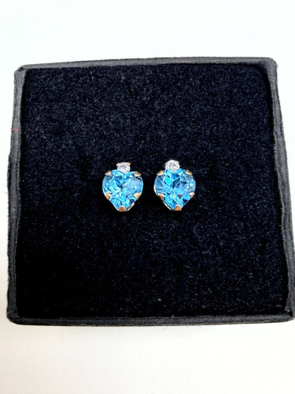 10k Solid Yellow Gold Genuine Blue Topaz & CZ Stud Earrings